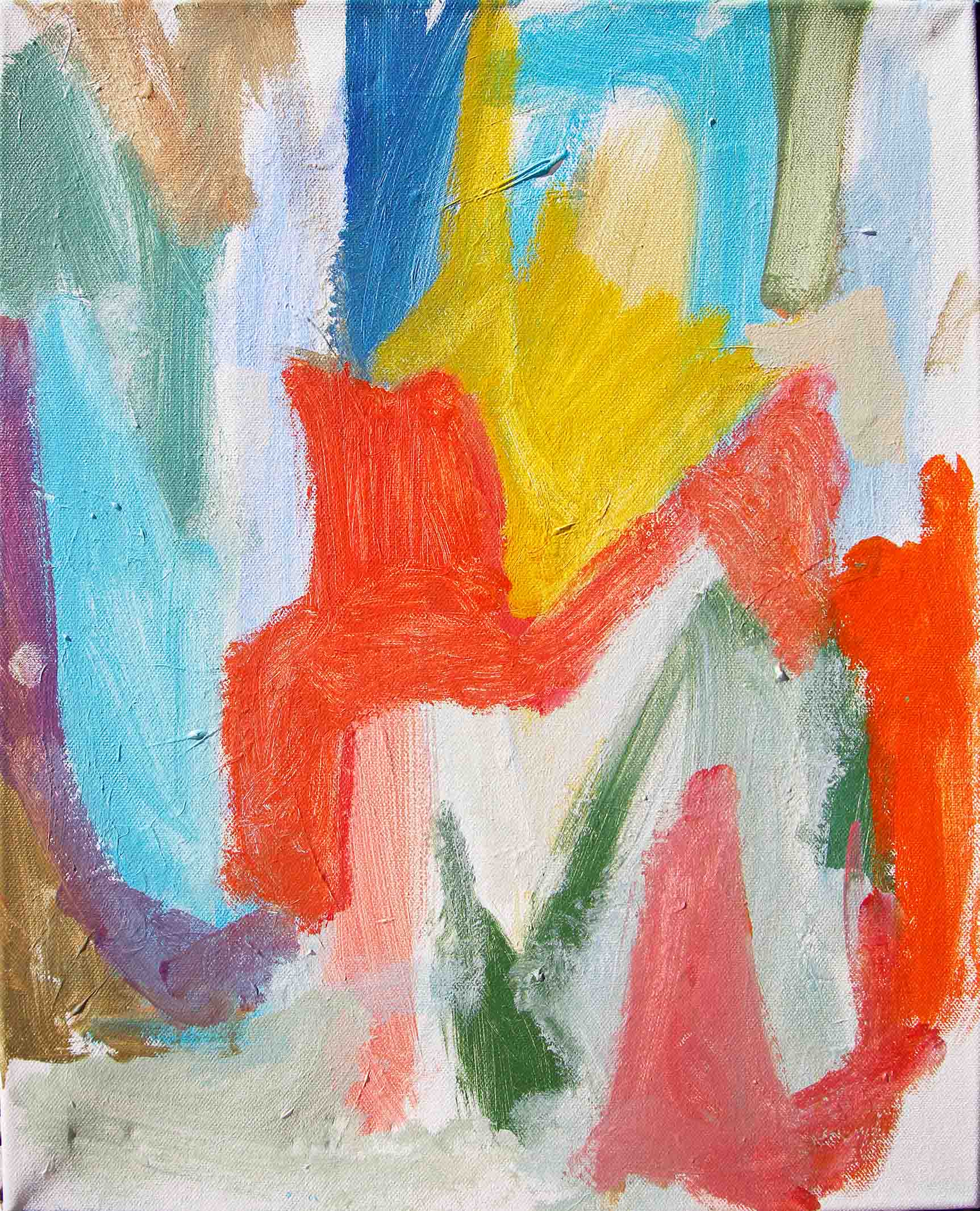 Energetic abstract composition with vertical striped areas in blues, tans, and turquoise at top, leading to bold orange-red and yellow forms below. Green accents and pink touches create a lively, colourful interplay across the canvas.